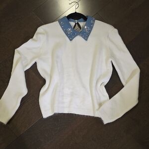 Embellished Collar White Sweater